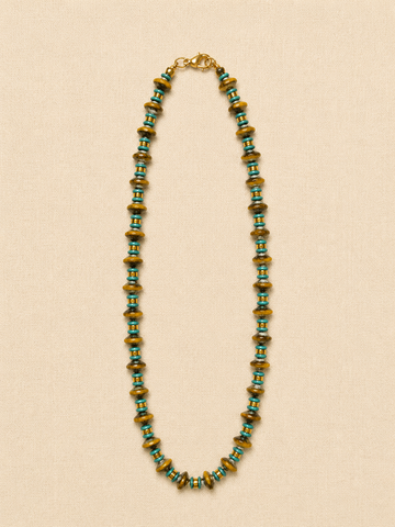 Ochre & Blue Czech Glass & Brass Orb Necklace, Long