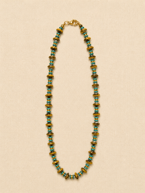 Ochre & Blue Czech Glass & Brass Orb Necklace, Long