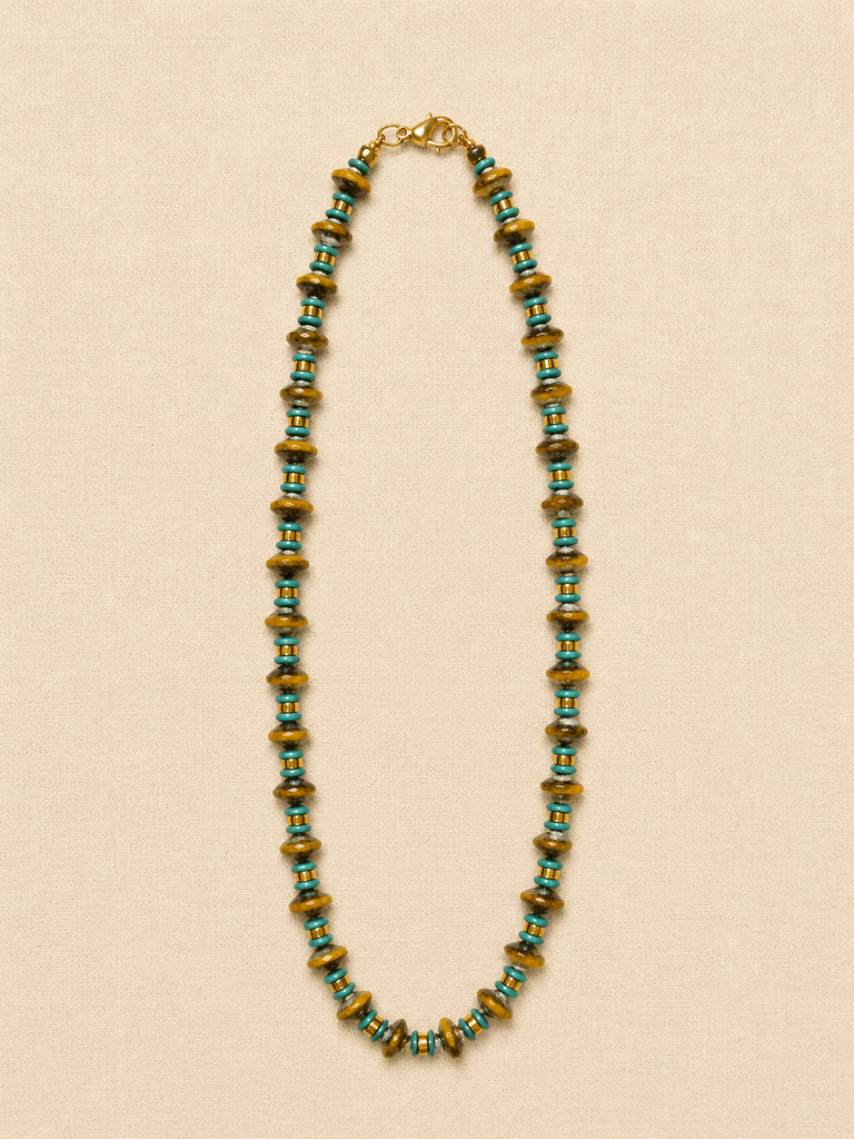 Ochre & Blue Czech Glass & Brass Orb Necklace, Long