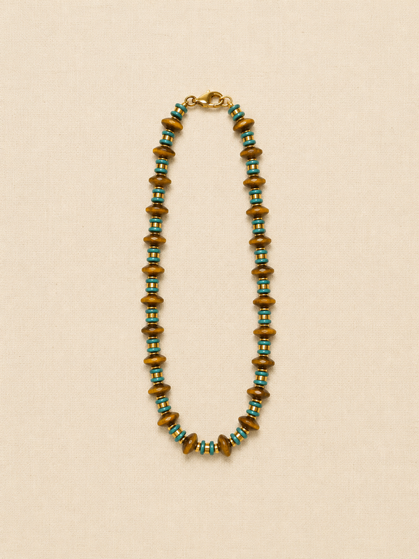 Ochre & Blue Czech Glass & Brass Orb Necklace, Short