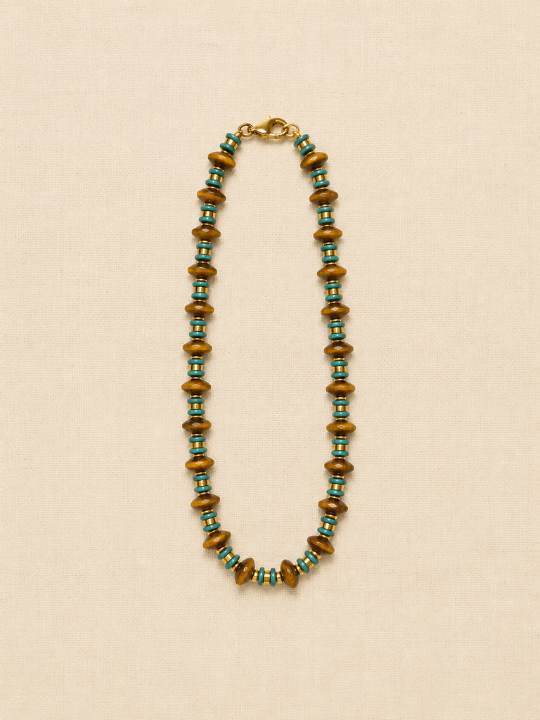 Ochre & Blue Czech Glass & Brass Orb Necklace, Short