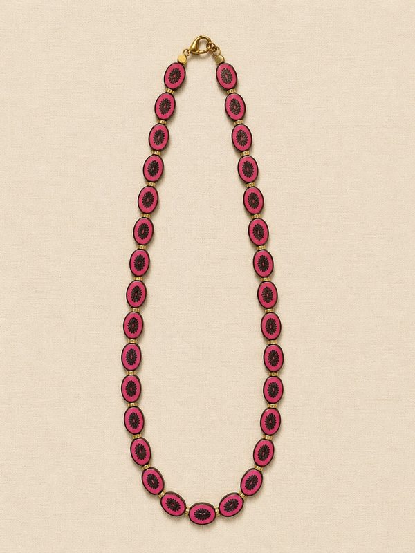 Magenta Oval Czech Glass & Brass Necklace, Long