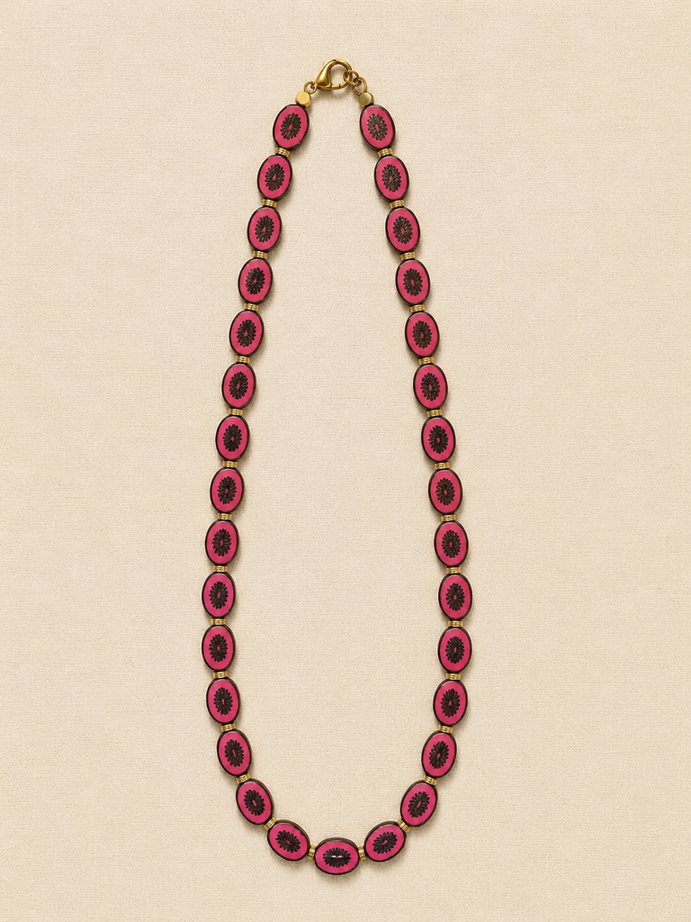 Magenta Oval Czech Glass & Brass Necklace, Long