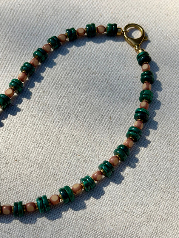 Malachite, Czech Glass & Brass Necklace