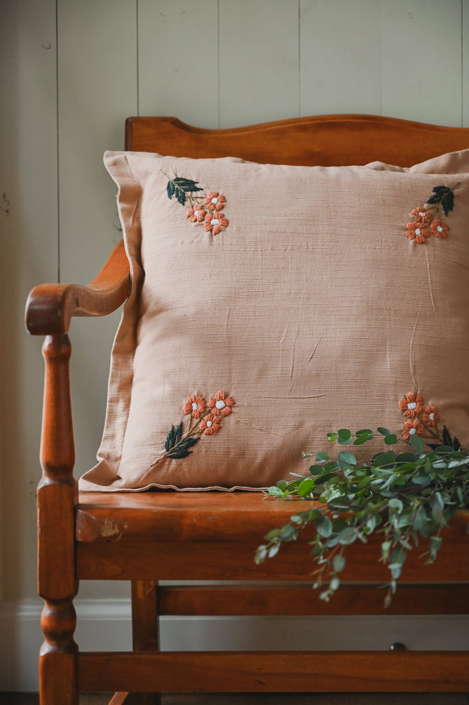 Hand-Embroidered Pillow, Salmon