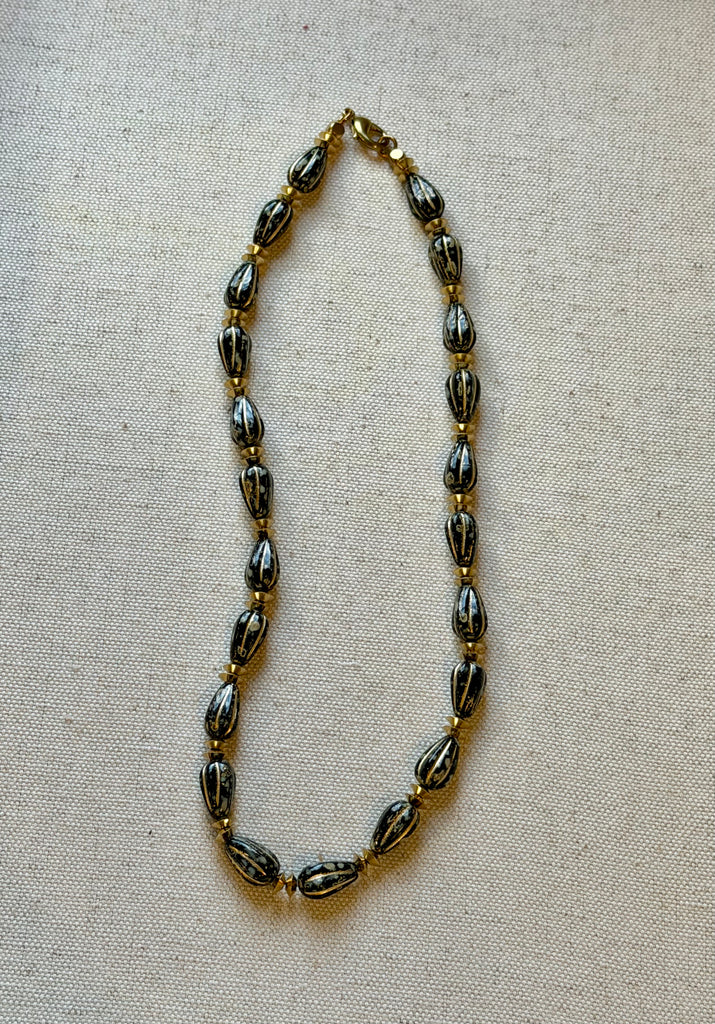Black & Gold Czech Glass Teardrop Necklace