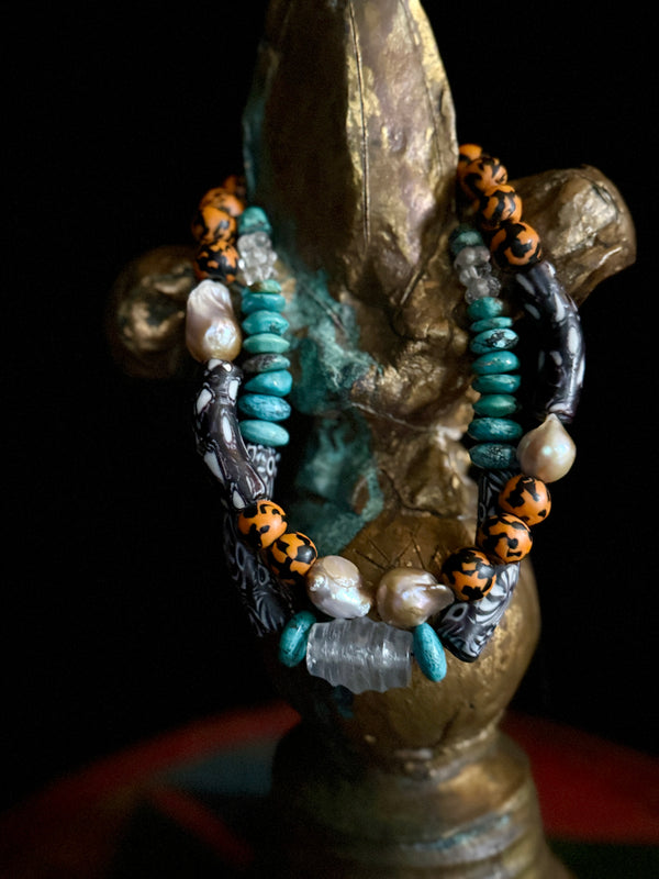 Orange Recycled African Glass Beads w/Javanese Glass Tube Bead & Gray Baroque Pearls