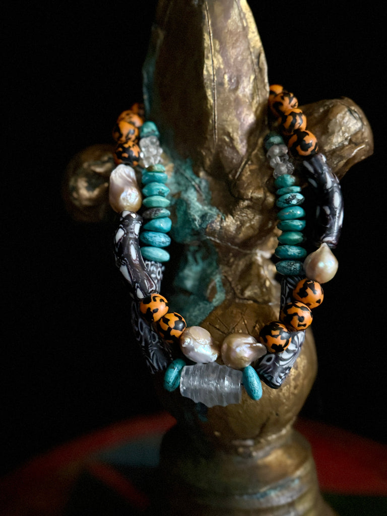 Orange Recycled African Glass Beads w/Javanese Glass Tube Bead & Gray Baroque Pearls