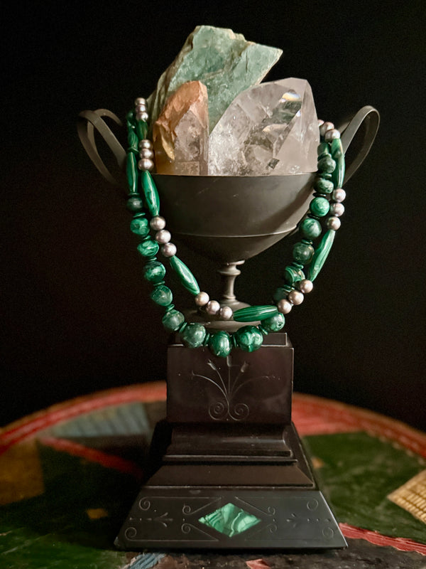 Malachite Necklace w/Cultured Gray Pearls