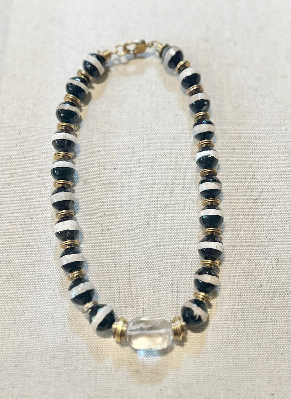 Tibetan Agate Stripe, Quartz & Brass Necklace