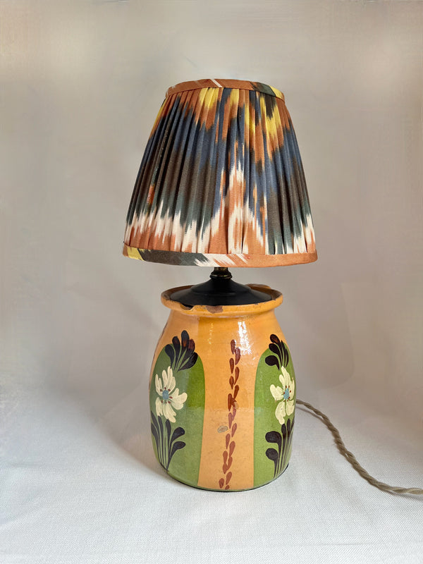 Antique Eastern European Pottery Lamp with Ikat Shade