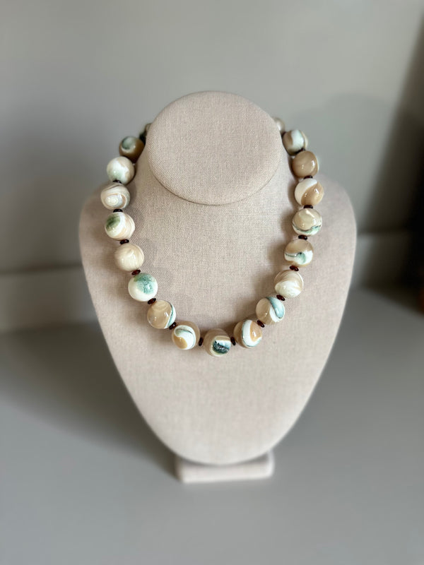 Mother of Pearl, Czech Glass & Gold Plated Brass Necklace, Lg