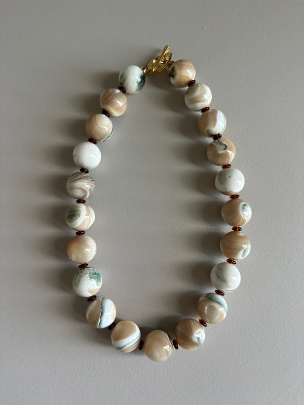 Mother of Pearl, Czech Glass & Gold Plated Brass Necklace, Lg