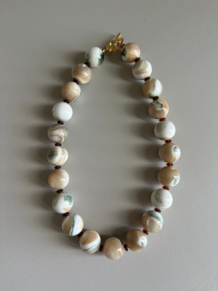 Mother of Pearl, Czech Glass & Gold Plated Brass Necklace, Lg