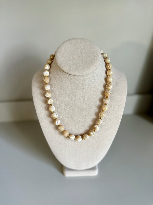 Mother of Pearl, Czech Glass & Gold Plated Brass Necklace, Sm