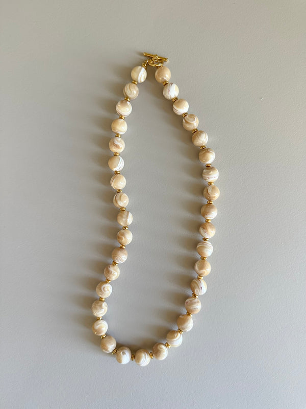 Mother of Pearl, Czech Glass & Gold Plated Brass Necklace, Sm