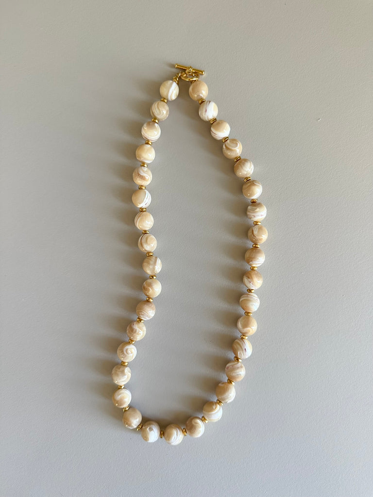 Mother of Pearl, Czech Glass & Gold Plated Brass Necklace, Sm