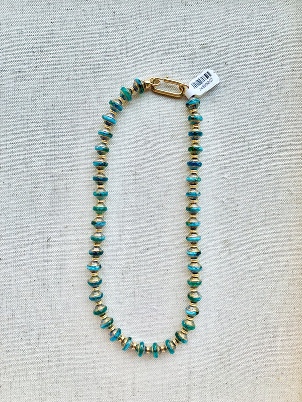 Blue Green Czech Glass Necklace, Short