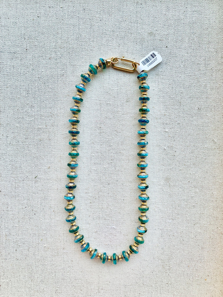 Blue Green Czech Glass Necklace, Short