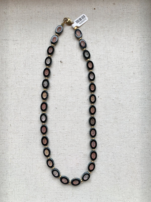 Black Oval Czech Glass Necklace, Long