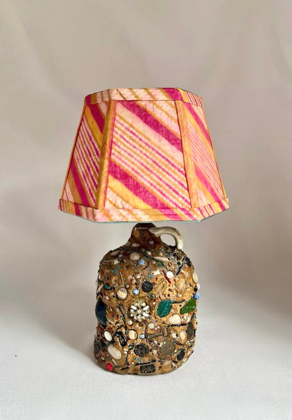 Early 20th c Folk Art Memory Jug Lamp with Antique Turban Shade