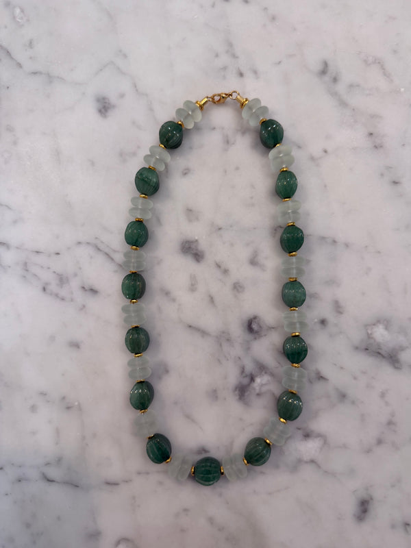 Carved Aventurine & Sea Glass Necklace