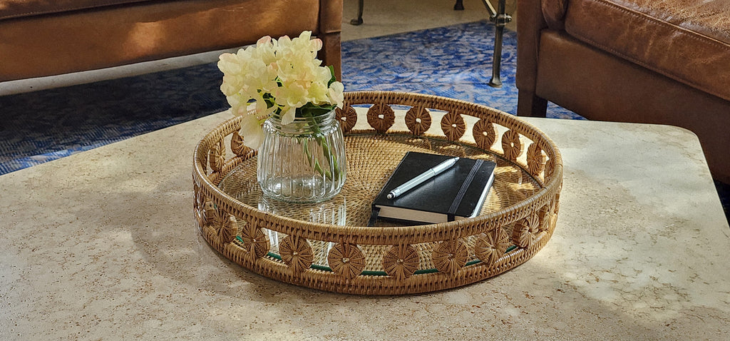 Woven Round Tray w/ Glass Insert