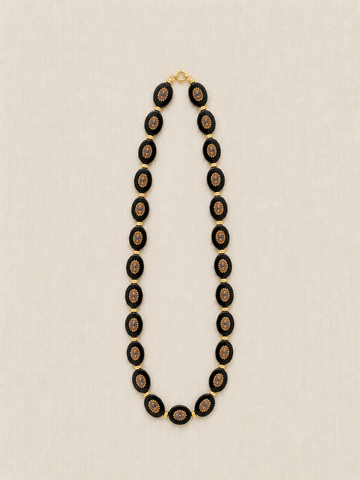 Black Oval Czech Glass & Brass Necklace, Short
