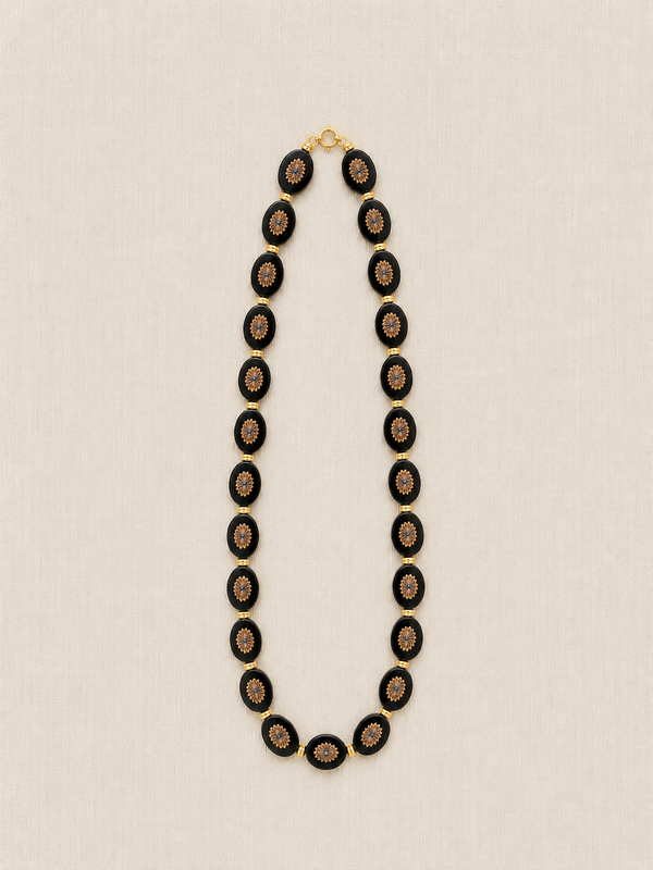 Black Oval Czech Glass & Brass Necklace, Short