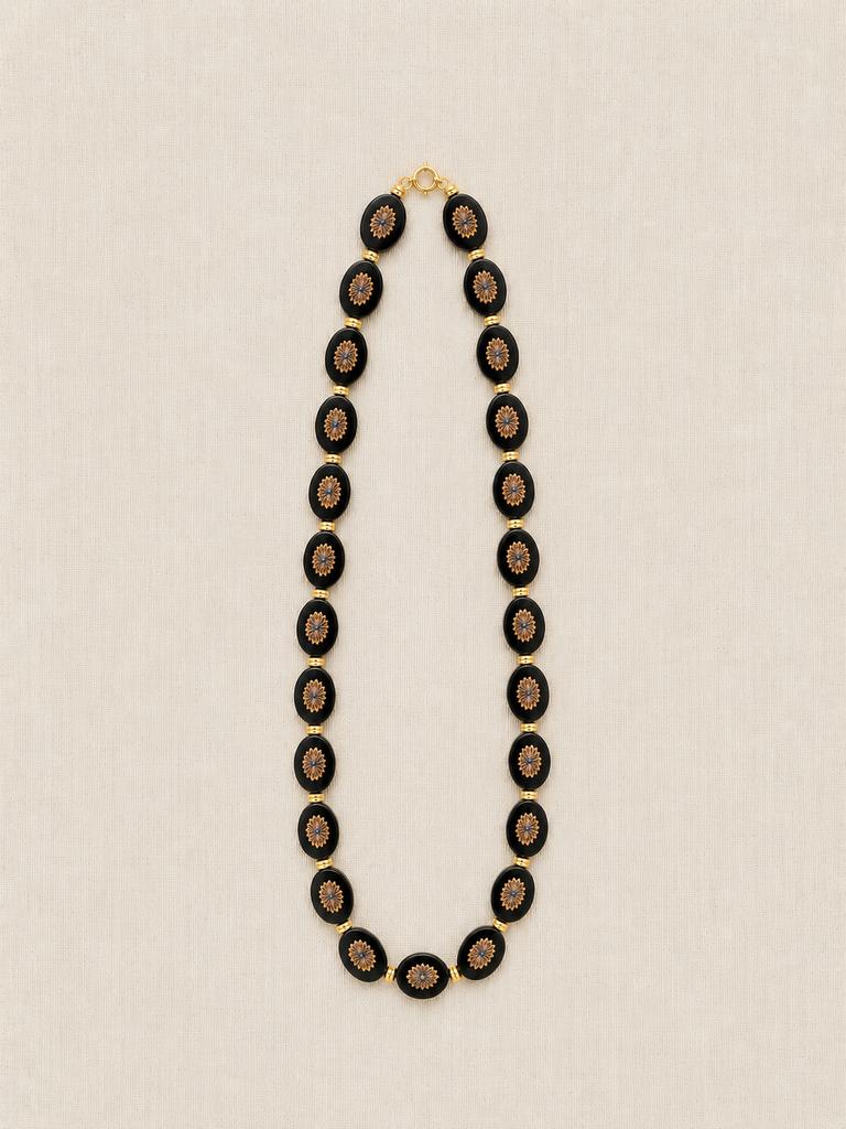 Black Oval Czech Glass & Brass Necklace, Short