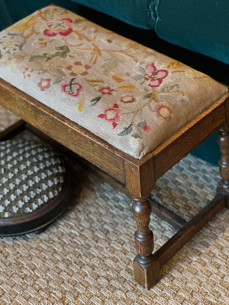 Antique English Needlepoint Oak Stool